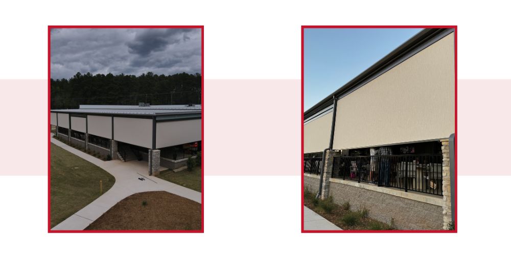 2 images showing a business with roller shades.